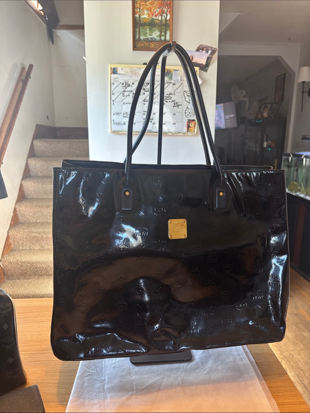 MCM embossed Black Patent Monogram Tote with Gold Plaque